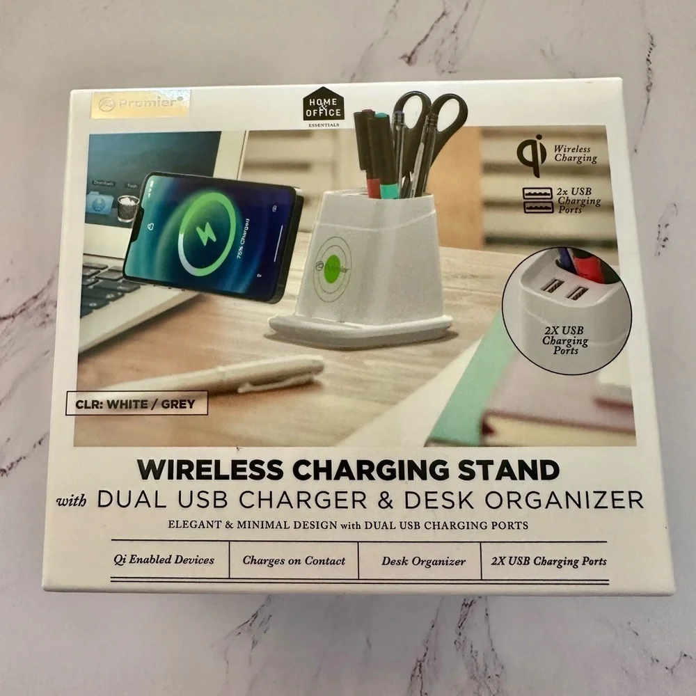 Premier White Wireless Charging Stand Desk Organizer with USB Ports Brand New